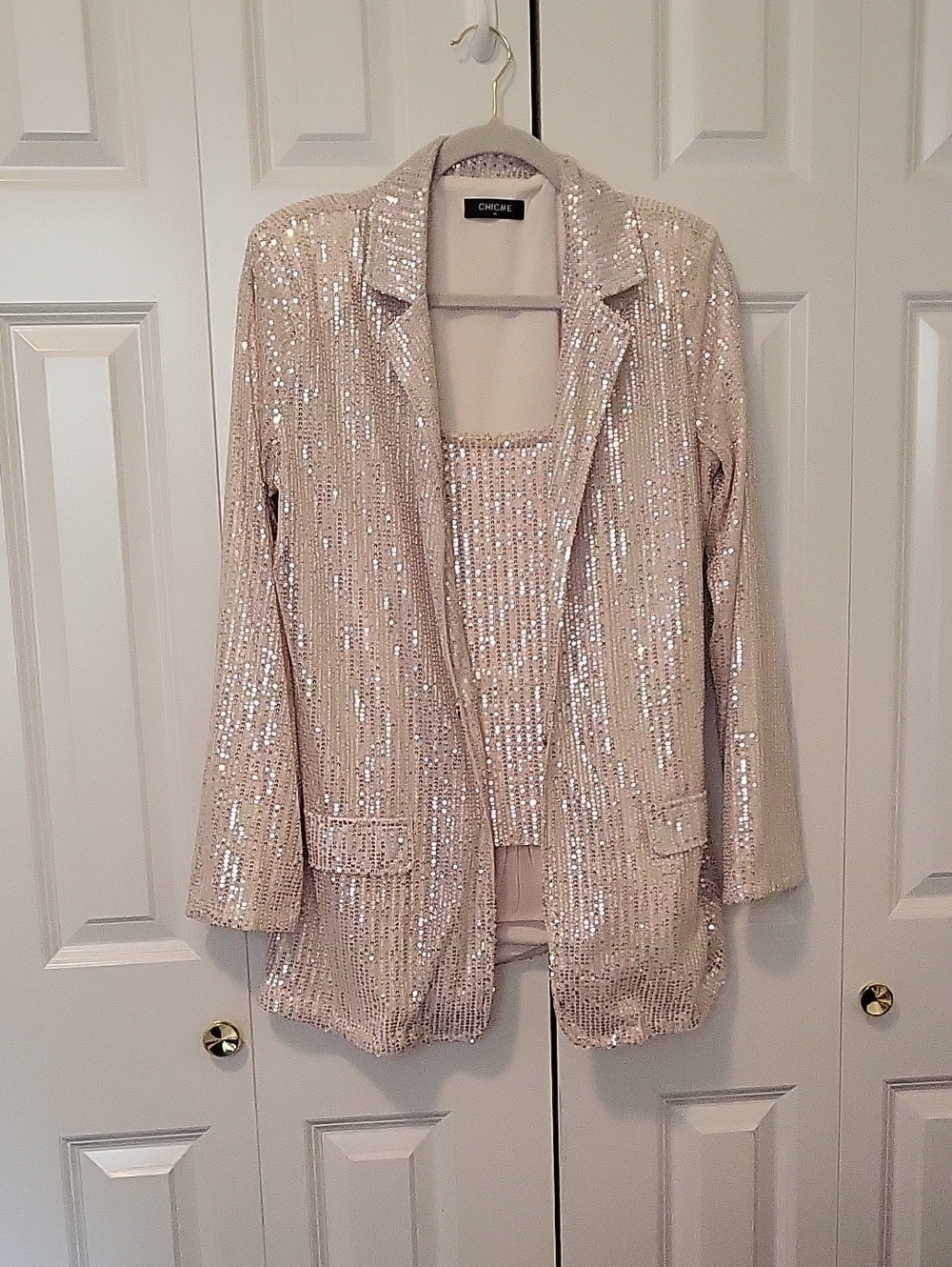 Chic Blush Sequin Blazer Jacket And Tank